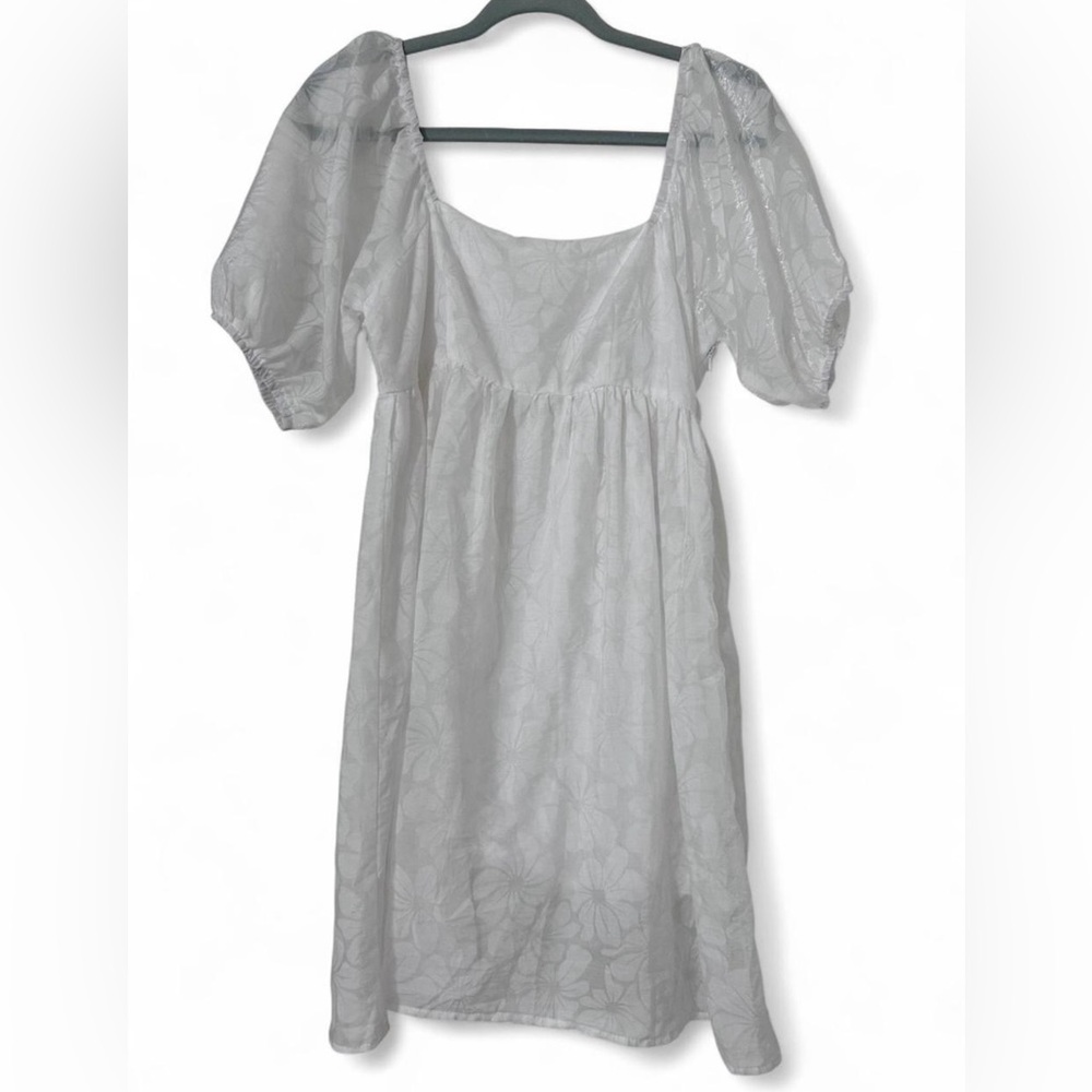 Altard State White Floral Jacquard Puff-Sleeve Babydoll Dress • Size S
